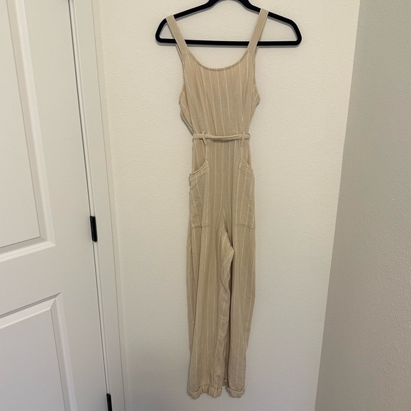 American Eagle Striped Wide Leg Jumpsuit Linen Blend Cream White Size S Women’s - Picture 1 of 12